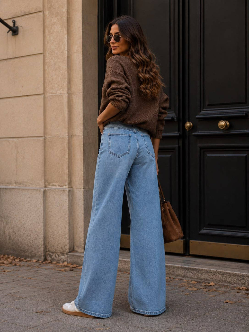 Light-blue wide-leg jeans, high-waisted: BLUE / L