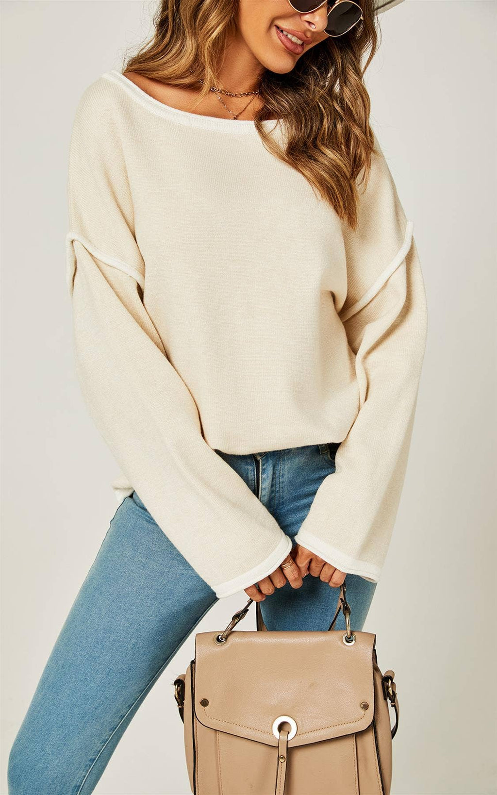 White Striped Oversized Top in Beige