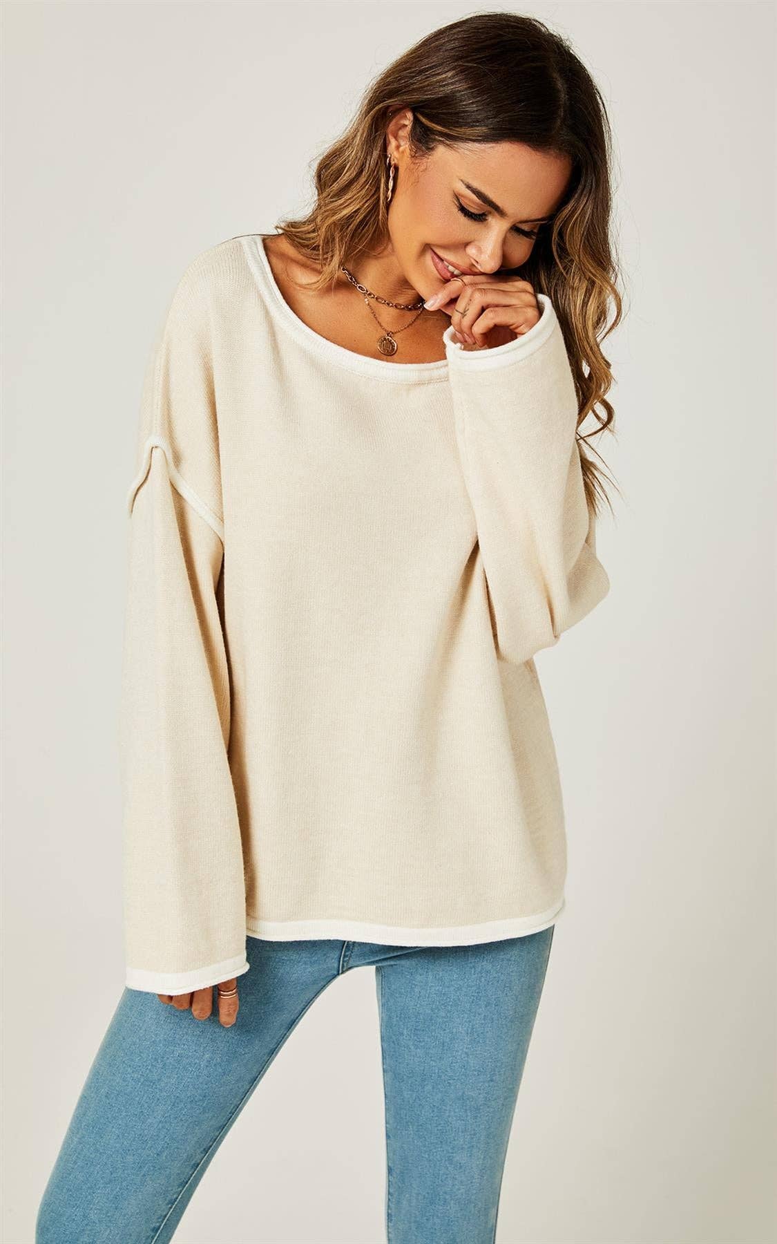 White Striped Oversized Top in Beige