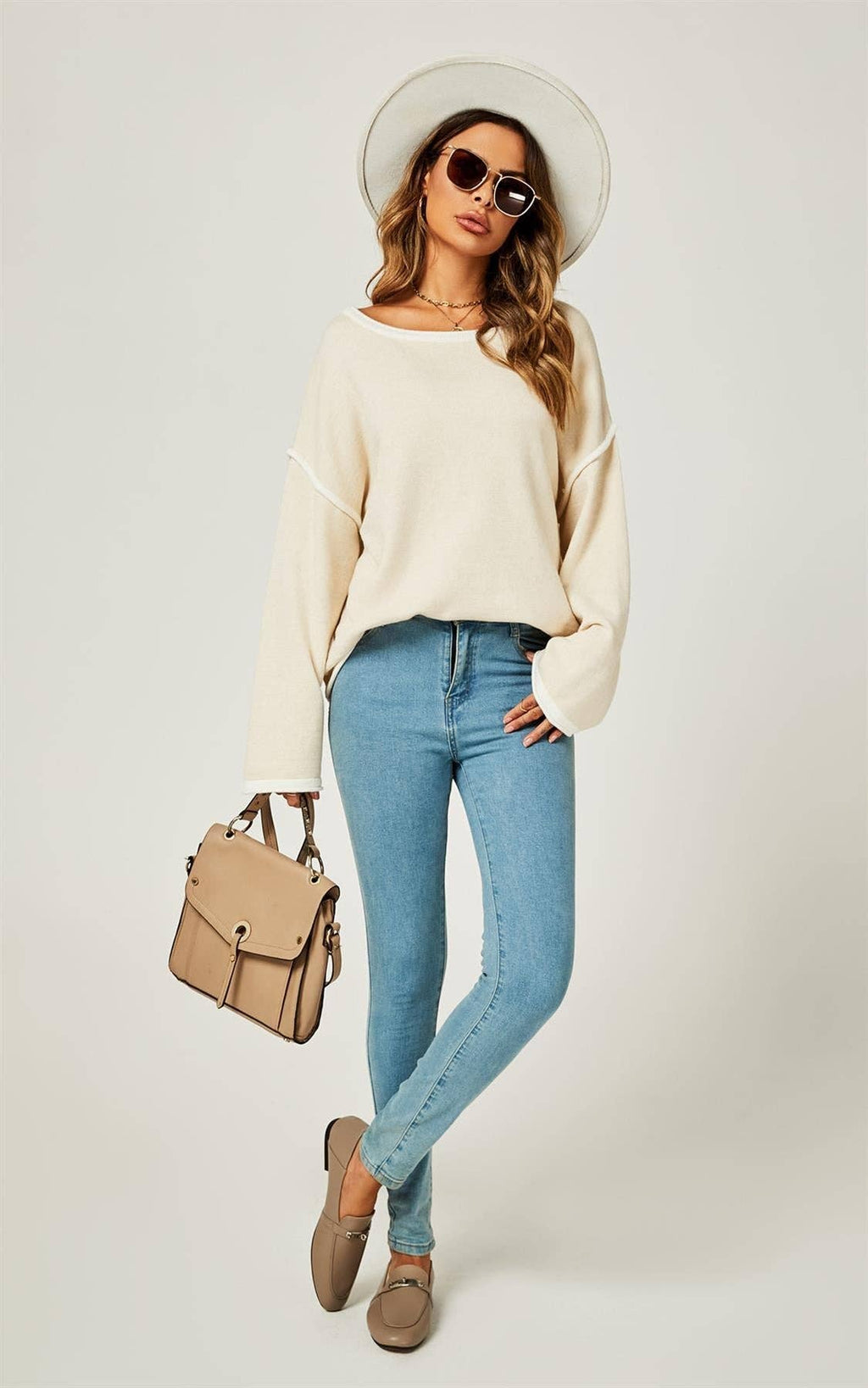 White Striped Oversized Top in Beige
