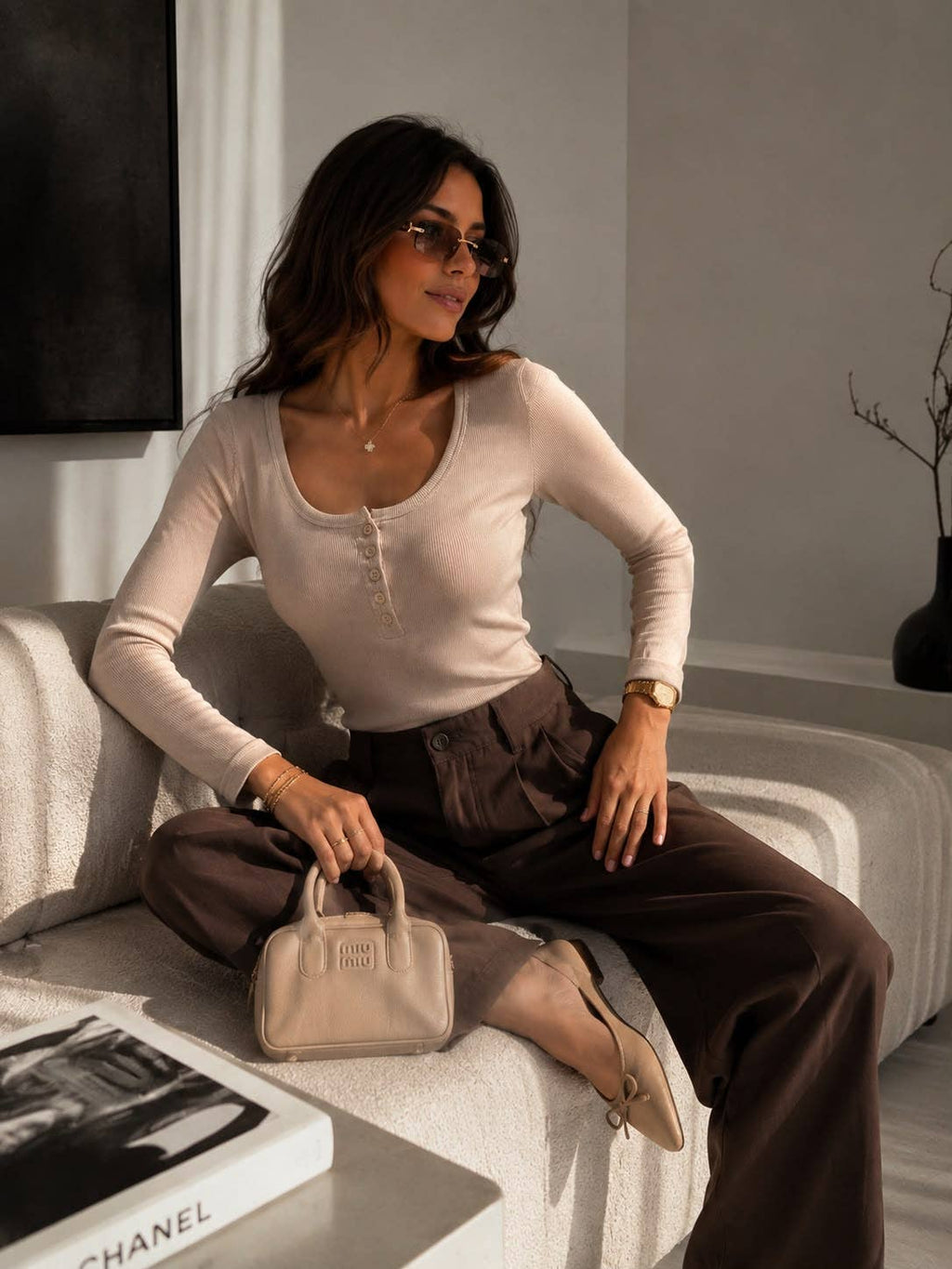 Ribbed long-sleeve buttoned round-neck T-shirt