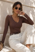 Fitted Ribbed V-Neck Long-Sleeve Top